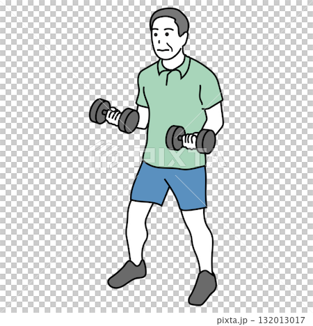 ダンベルで筋トレをするシニア男性のイラスト ダンベルで筋トレをするシニア男性のイラスト 132013017