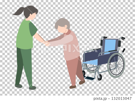 車椅子から降りて介護士の手を握り歩行練習をしている老人のカラーイラスト 132013047