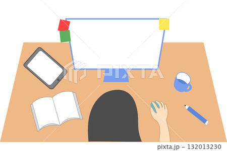 top View Work Desk Clipart, Person Working with Computer, Book, and Tablet 132013230