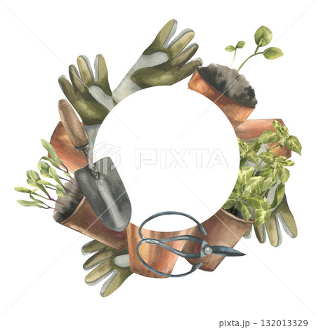 Gardening tools and seedings watercolor wreath template with flower pots, greens,gloves and shears illustration. Home plants hobby banner for packing,card,invitation design. Rural life clipart Gardening tools and seedings watercolor wreath template with flower pots, greens,gloves and shears illustration. Home plants hobby banner for packing,card,invitation design. Rural life clipart 132013329