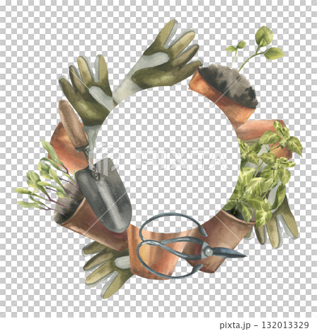 Gardening tools and seedings watercolor wreath template with flower pots, greens,gloves and shears illustration. Home plants hobby banner for packing,card,invitation design. Rural life clipart Gardening tools and seedings watercolor wreath template with flower pots, greens,gloves and shears illustration. Home plants hobby banner for packing,card,invitation design. Rural life clipart 132013329