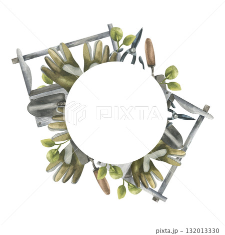 Gardening and rural life equipment watercolor frame. Hand drawn wreath template with planting tools, gloves,greens and eco wooden box illustration for seeding packing,garden tools magazine design Gardening and rural life equipment watercolor frame. Hand drawn wreath template with planting tools, gloves,greens and eco wooden box illustration for seeding packing,garden tools magazine design 132013330