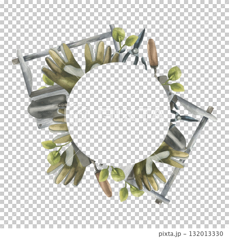 Gardening and rural life equipment watercolor frame. Hand drawn wreath template with planting tools, gloves,greens and eco wooden box illustration for seeding packing,garden tools magazine design Gardening and rural life equipment watercolor frame. Hand drawn wreath template with planting tools, gloves,greens and eco wooden box illustration for seeding packing,garden tools magazine design 132013330