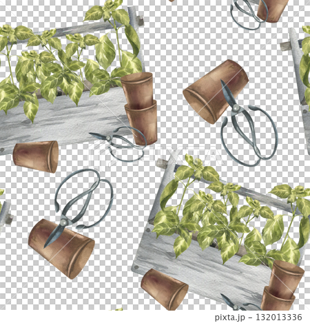 Green fresh basil herbs in wooden tubs, flower pots and shears watercolor seamless pattern. Gardening tools and house plants background for green eco textile, fabric, kitchen wallpaper design Green fresh basil herbs in wooden tubs, flower pots and shears watercolor seamless pattern. Gardening tools and house plants background for green eco textile, fabric, kitchen wallpaper design 132013336