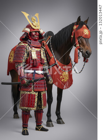 甲冑を着た武将 日本のサムライ 馬を連れている 甲冑を着た武将 日本のサムライ 馬を連れている 132013447