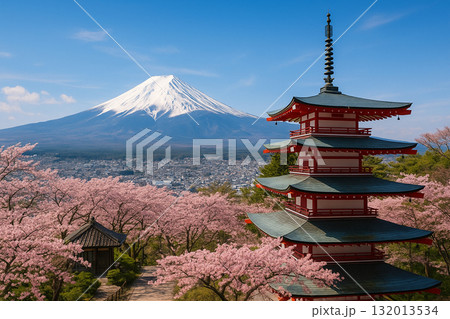 桜に囲まれた五重の塔と富士山 132013534