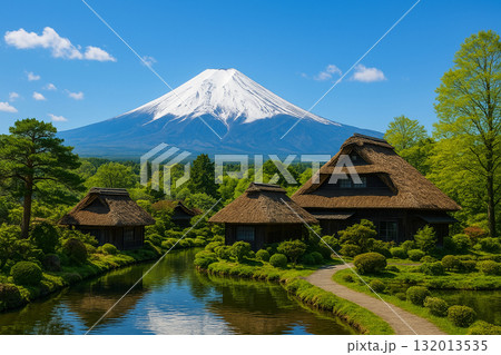 昔ながらの古い家と富士山 132013535
