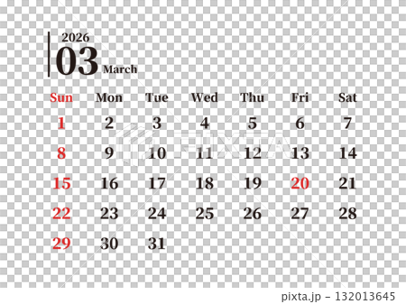 Simple monthly calendar, March, Sunday start, landscape, A4 Simple monthly calendar, March, Sunday start, landscape, A4 132013645