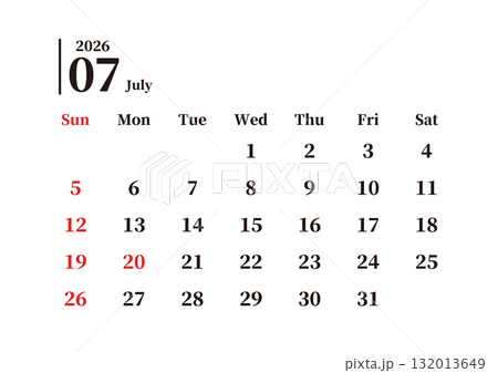 シンプルな月間カレンダー 7月 日曜始まり ヨコ A4 132013649