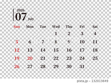 シンプルな月間カレンダー 7月 日曜始まり ヨコ A4 132013649