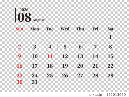 Simple monthly calendar, August, Sunday start, landscape, A4 132013650