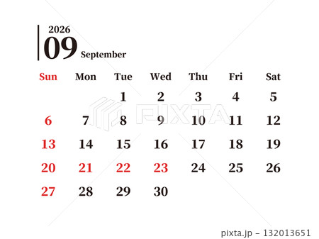 シンプルな月間カレンダー 9月 日曜始まり ヨコ A4 132013651