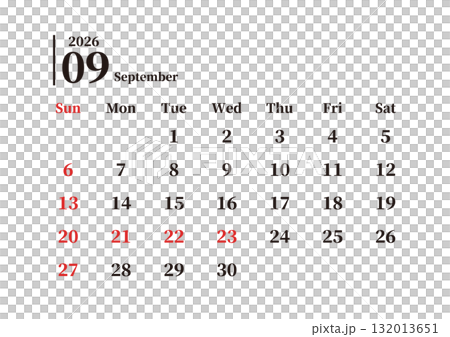 シンプルな月間カレンダー 9月 日曜始まり ヨコ A4 132013651