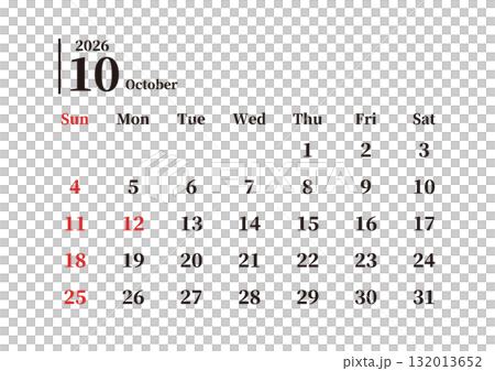 Simple monthly calendar, October, Sunday start, landscape, A4 132013652