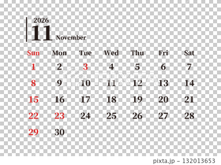 簡單月曆,十一月,週日開始,橫向,A4 簡單月曆,十一月,週日開始,橫向,A4 132013653