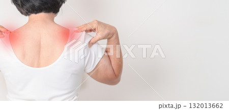 Elderly Woman having Shoulder Pain for Muscle Inflammation and Sprain, Myofascial ache syndrome and Fibromyalgia, Shoulder Myalgia, Scapular Tightness, Cervical Spine, Rheumatism and Health care Elderly Woman having Shoulder Pain for Muscle Inflammation and Sprain, Myofascial ache syndrome and Fibromyalgia, Shoulder Myalgia, Scapular Tightness, Cervical Spine, Rheumatism and Health care 132013662