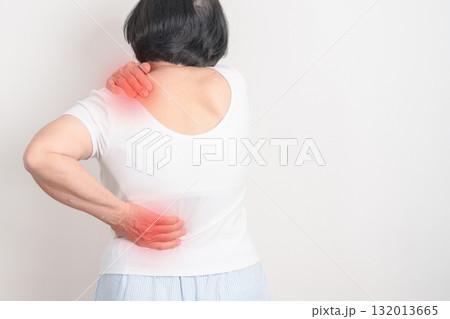 Elderly woman having back body ache for concepts of Back Muscle Strain, Piriformis Syndrome, Low Back Pain, Lumbar Disc Degeneration, Herniated, Osteoporosis, Spinal Compression and Health care 132013665