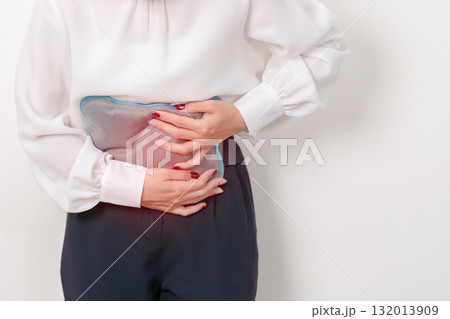 Menstruation period cycle of monthly and Stomachache concepts. woman having abdomen pain and menstrual ache with hot water bottle, illness female suffer from premenstrual ache and body Health problem 132013909
