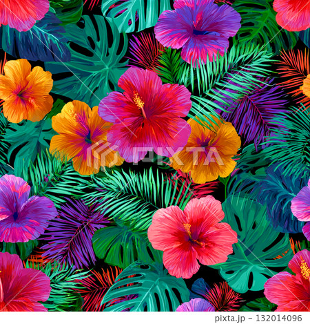 Vibrant Tropical Floral Pattern with Hibiscus and Monstera Leaves 132014096