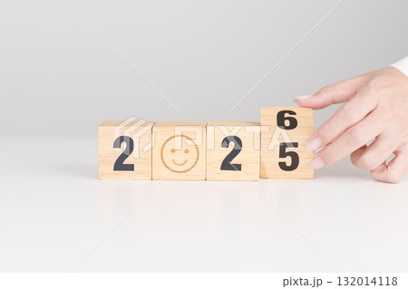 2025 end year to Happy New Year 2026 with Smile block. Satisfaction, feedback, Review, mental health, eco sustainable and good year concept 132014118