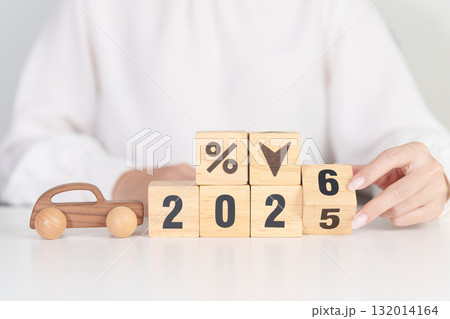 2026 New Year with percentage change to UP and Down arrow with car model. Car loan, Interest rate, Insurance, Financial, vehicle Repair, Automobile Tax, mortgage and Maintenance 132014164