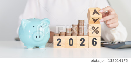 2026 New year with percentage change to UP and Down arrow with coin stack. Interest rate, GDP, stocks market, financial, deflation and Inflation, mortgage, debt, Loan and Economic Recession 132014176