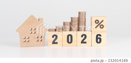 2026 New Year with percentage change to UP and Down arrow, Home model and coin stack. Real estate Mortgage, Refinance, House loan and debt, Interest rate, Insurance, Financial and Property Tax 132014189