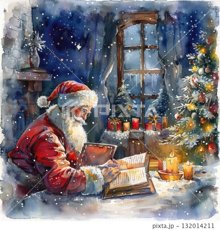 Santa Claus writing in a book by the window with a decorated Christmas tree and candles Santa Claus writing in a book by the window with a decorated Christmas tree and candles 132014211