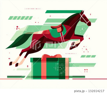 Dynamic horse illustration leaping over a colorful gift box with abstract geometric shapes 132014217