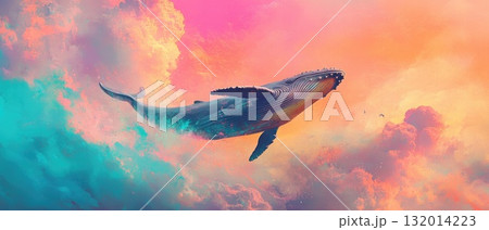 Majestic whale swimming through vibrant clouds in a surreal colorful sky landscape 132014223