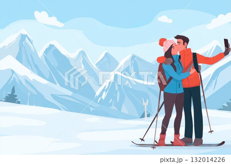 Couple enjoying winter vacation, kissing while taking selfie in snowy mountain landscape Couple enjoying winter vacation, kissing while taking selfie in snowy mountain landscape 132014226