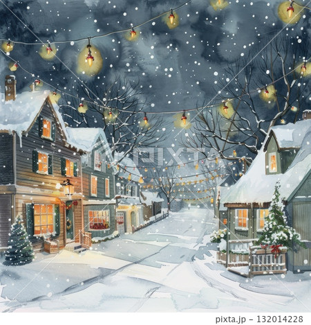 Winter village scene with snow-covered houses and festive lights illuminating the street Winter village scene with snow-covered houses and festive lights illuminating the street 132014228