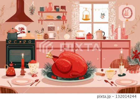 Festive kitchen scene with roasted turkey centerpiece and holiday decorations for celebration Festive kitchen scene with roasted turkey centerpiece and holiday decorations for celebration 132014244