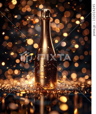 Sparkling champagne bottle surrounded by shimmering golden bokeh lights creating festive atmosphere Sparkling champagne bottle surrounded by shimmering golden bokeh lights creating festive atmosphere 132014245