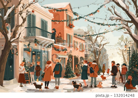 Winter street scene with people enjoying festive decorations and snow-covered surroundings 132014248