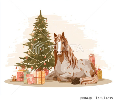 Festive horse resting beside decorated Christmas tree with colorful presents around 132014249