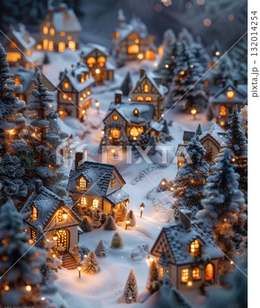 Snowy village scene with charming houses and glowing lights surrounded by evergreen trees Snowy village scene with charming houses and glowing lights surrounded by evergreen trees 132014254
