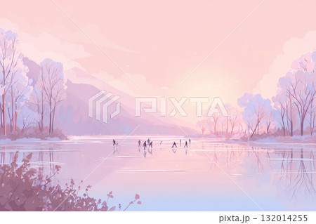 Serene landscape illustration with people skating on a frozen lake during sunset in winter 132014255