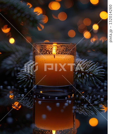 Glowing orange candle surrounded by pine branches and soft bokeh lights creating a warm ambiance 132014260