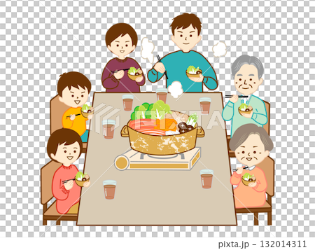 お鍋を楽しむ三世代の家族 132014311