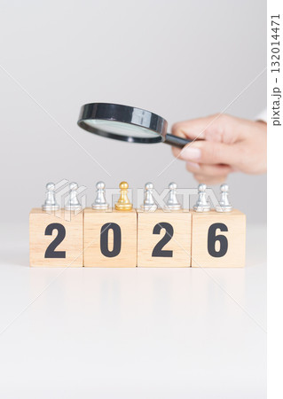 2025 end year to Happy New Year 2026 with magnifying glass and people. hiring, employee, recruitment, job, SEO and jobless, Human resource management, Recruitment, leadership and toxic people 132014471