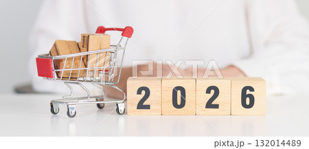 Happy New Year 2026 with shopping cart. online shopping, Marketplace platform website, technology, ecommerce, shipping delivery, logistics and online payment 132014489