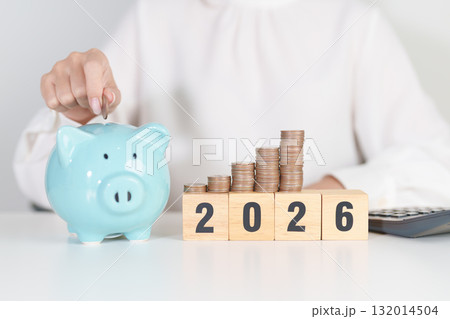 Happy New Year 2026 with piggy bank. Resolution, Goals, Plan, Action, Money Saving, Retirement fund, Pension, Investment and Financial concepts Happy New Year 2026 with piggy bank. Resolution, Goals, Plan, Action, Money Saving, Retirement fund, Pension, Investment and Financial concepts 132014504