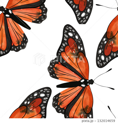 Monarch butterfly or Danaus plexippus. Seamless watercolor pattern for printing on fabric, textiles, wrapping paper, bags, notebooks and notepads. Fashion ss26 132014659