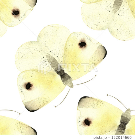 Cabbage White Butterfly or Pieris Rapae. Seamless watercolor pattern for printing on fabric, textiles, wrapping paper, bags, notebooks and notepads. 132014660