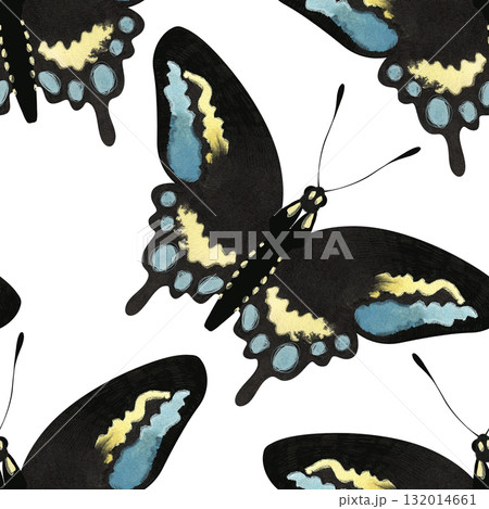 Black swallowtail Butterfly. Seamless watercolor pattern for printing on fabric, textiles, wrapping paper, bags, notebooks and notepads. Spring summer 2026 132014661