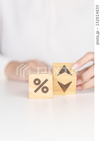 Percentage block change to UP and Down arrow. Interest rate, GDP, stocks market, financial, deflation and Inflation, ranking, mortgage, debt, Loan and Economic Recession concept 132014835