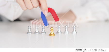 Hand use magnet pulling to golden chess pawn pieces or leader businessman stand out of crowd people of silver men. leadership, business, team, teamwork, unique and Human resource management concept 132014875