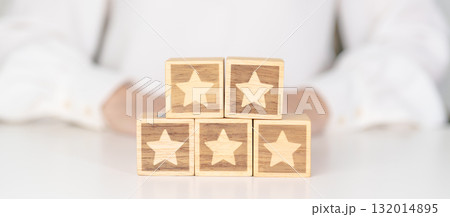 hand show Star block. Customer choose rating for user reviews. Service rating, ranking, customer review, satisfaction, evaluation and feedback concept 132014895