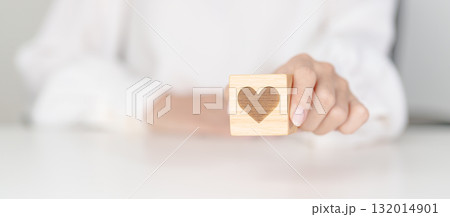 Hand holding heart block for health care, love, organ donation, charity, happy family, wellbeing and insurance concepts. world heart day, health day and mental health day 132014901